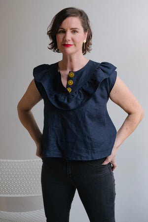 button front linen blouse-- navy