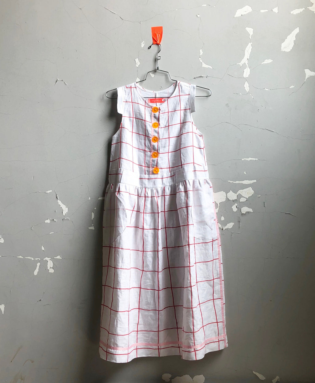 button front linen frock-- white windowpane