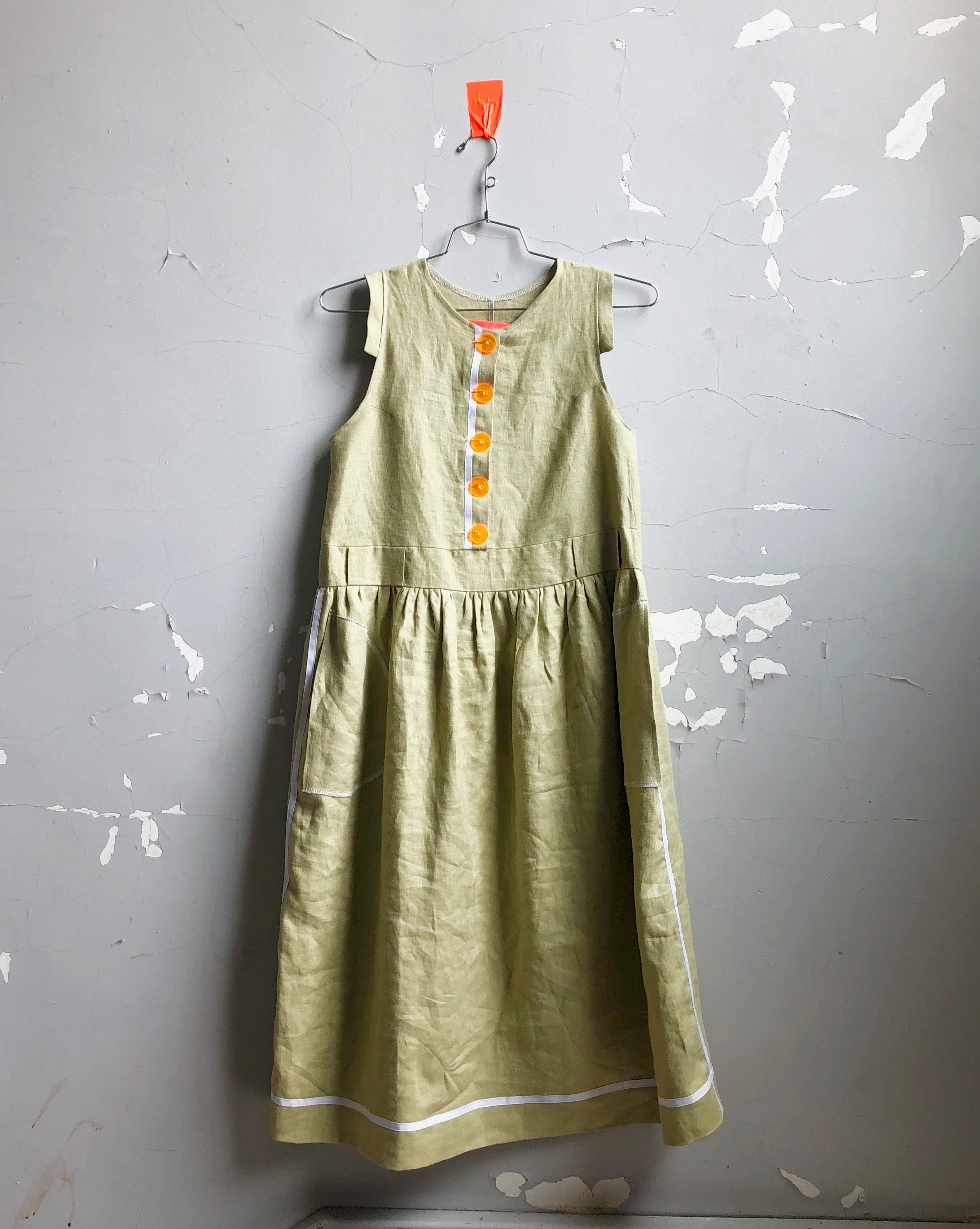 button front linen frock-- avocado